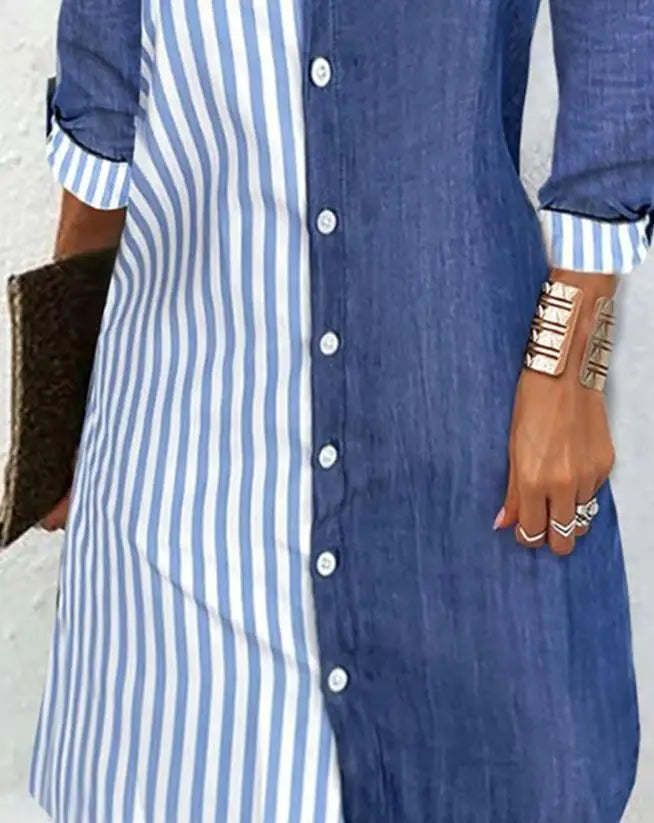 2023 Autumn Winter Spring New Fashion Casual Long Sleeve Striped Colorblock Buttoned Shirt Dress Elegant Dresses for Women