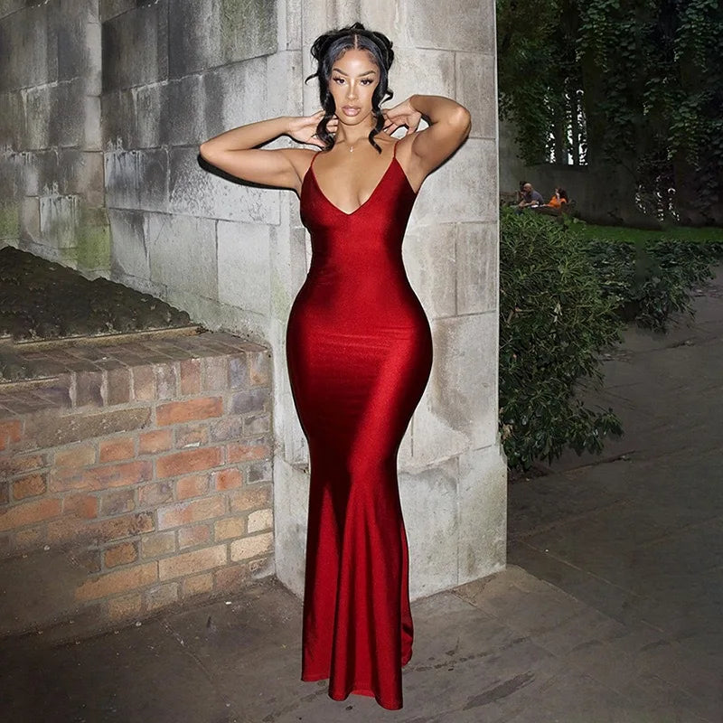 037 Red Spaghetti Strap Maxi Dress Women Sexy Sleevelss Backless V-Neck Slim Party Evening Clubwear