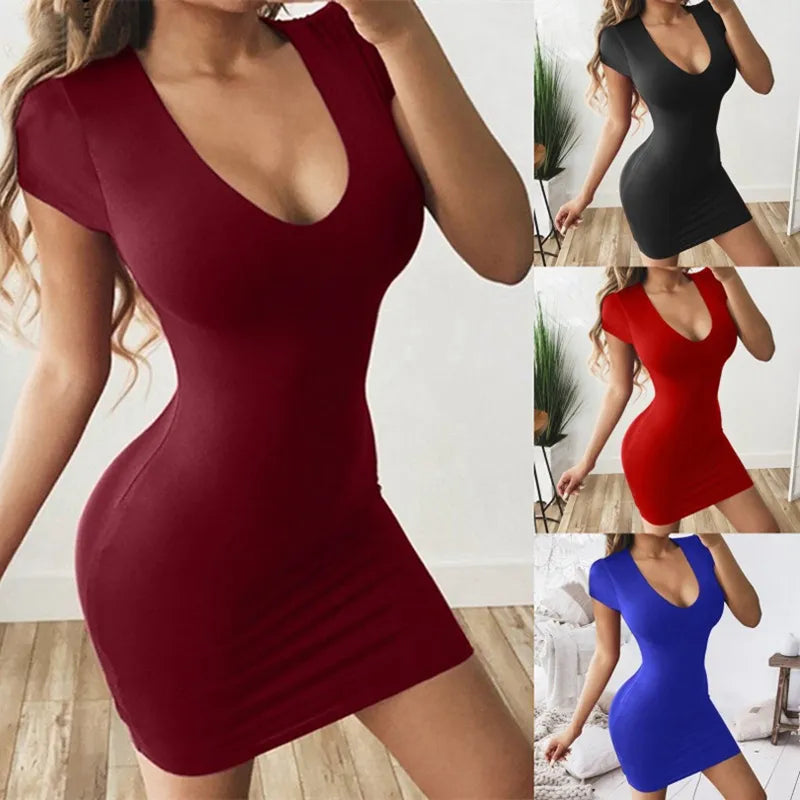 Europe The United States Fashion Solid Color Sexy Dress Tight Collection Hip Short Sleeved Slim Evening Party Dress