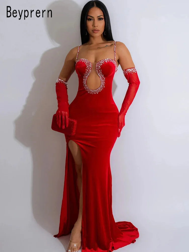 Beyprern-vestido de noche de lujo para mujer, vestido Maxi de terciopelo con latido del corazón brillante y diamantes, trajes de celebridades con guante de diamantes de imitación