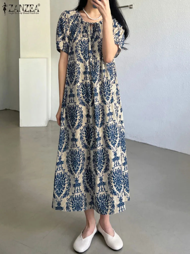 ZANZEA Holiday Summer Maxi Dress Women Fashion Short Sleeve Robe Vintage Printed Bandage O-neck Sundress Casual Loose Vestidos