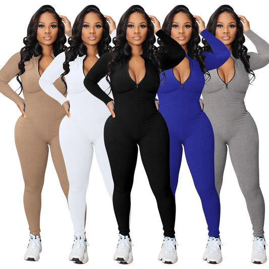 Women's Yoga Jumpsuits Workout Ribbed Long Sleeve Front Zip Sport One Piece 2023 Sexy V Neck Bodysuit Rompers Casual Sportswear