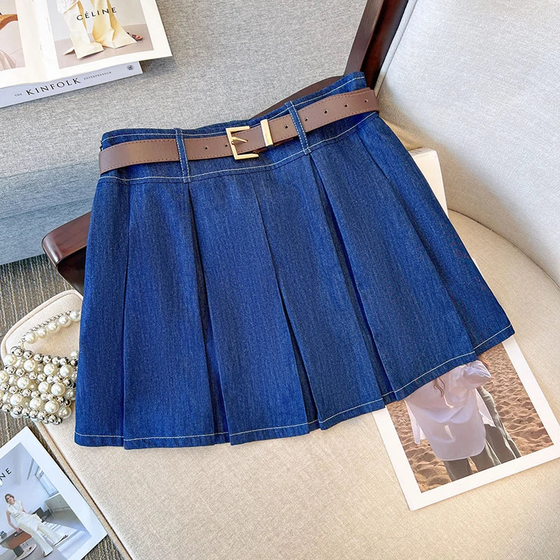 Women Summer Denim Suit Shirt Top And Min Pleated Skirt Two Piece Set Matching Outfits Vintage Blue Lage Size Fashion Clothing