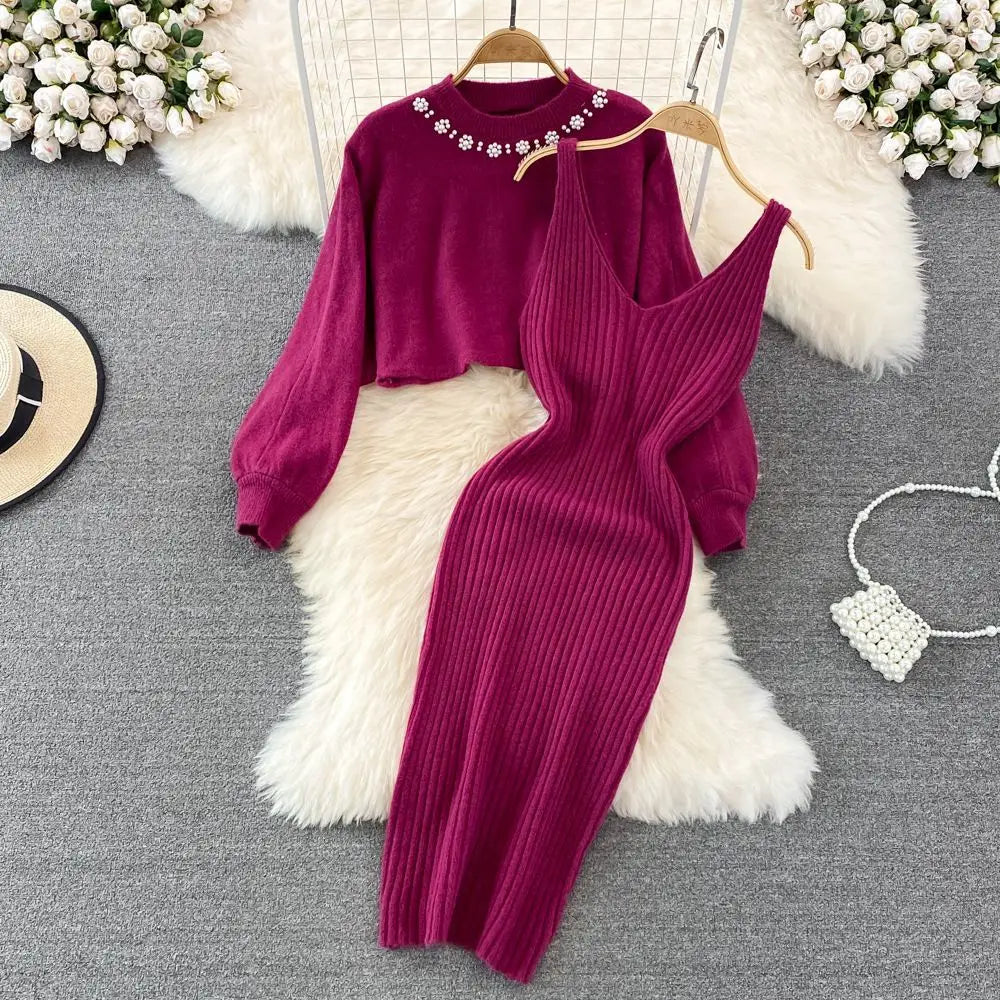 Sweater Set Casual Pullovers Suits Slip Dress For Women Slim Solid Autumn Winter Knitted Long Sleeve Elegance Elastic Sweet