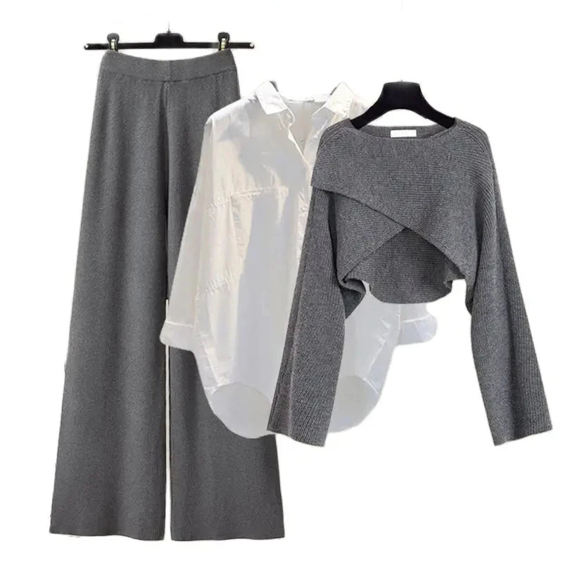 Spring Autumn Women's Set Three Piece Loose Shirt+Solid Sweater+High Waist Wide Leg Pants Retro Casual Three Piece Set