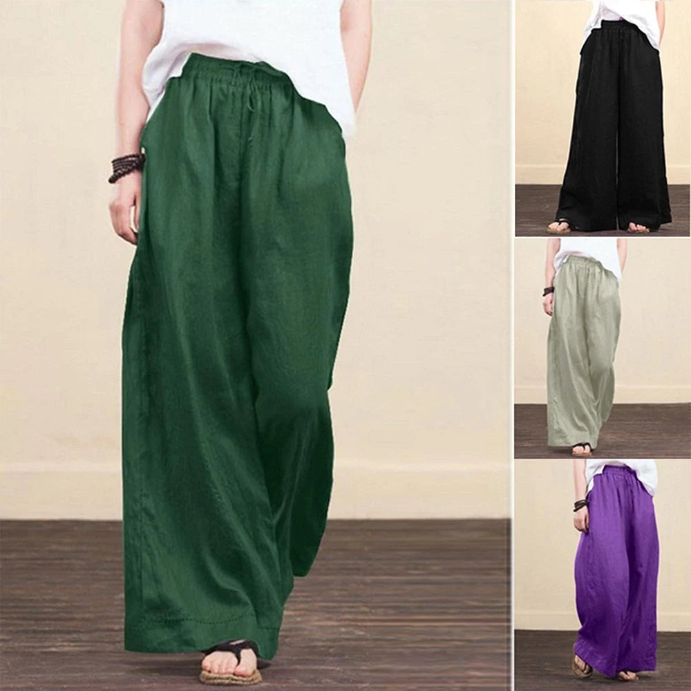 Women‘s Cotton Linen Baggy Palazzo Flared Pants Ladies Wide Leg Loose Trousers High Quality Clothing Plus Size