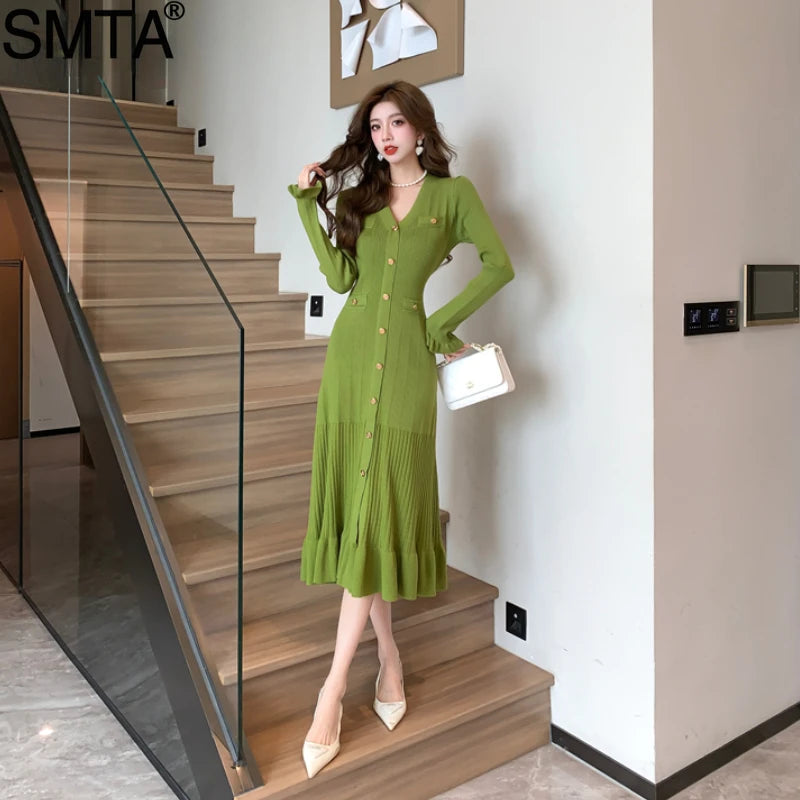 French Fashion Green Knitted Midi Dress for Women V-Neck Single Breasted Ruffles Slim Sweater Party Dress Autumn Winter 2024 New