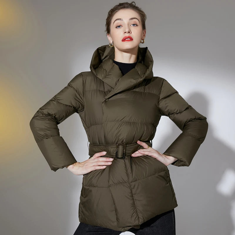 Chaquetas de plumón para mujer, abrigo informal cálido ultraligero, chaqueta acolchada para mujer con cinturón, abrigo Parka con capucha de talla grande 2023