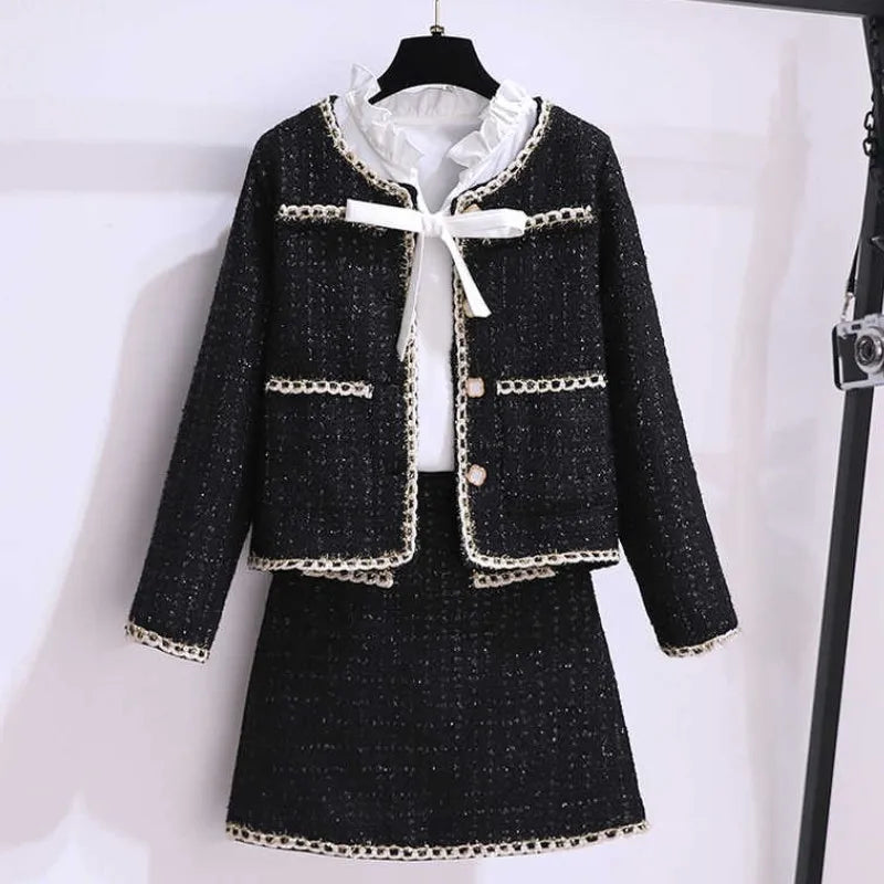 Costume Chic en Tweed parfumé pour femmes, veste, manteau, petit haut blanc et jupe, ensemble trois pièces, tenue d'hiver, Jacquard, vêtements de fête Y2K