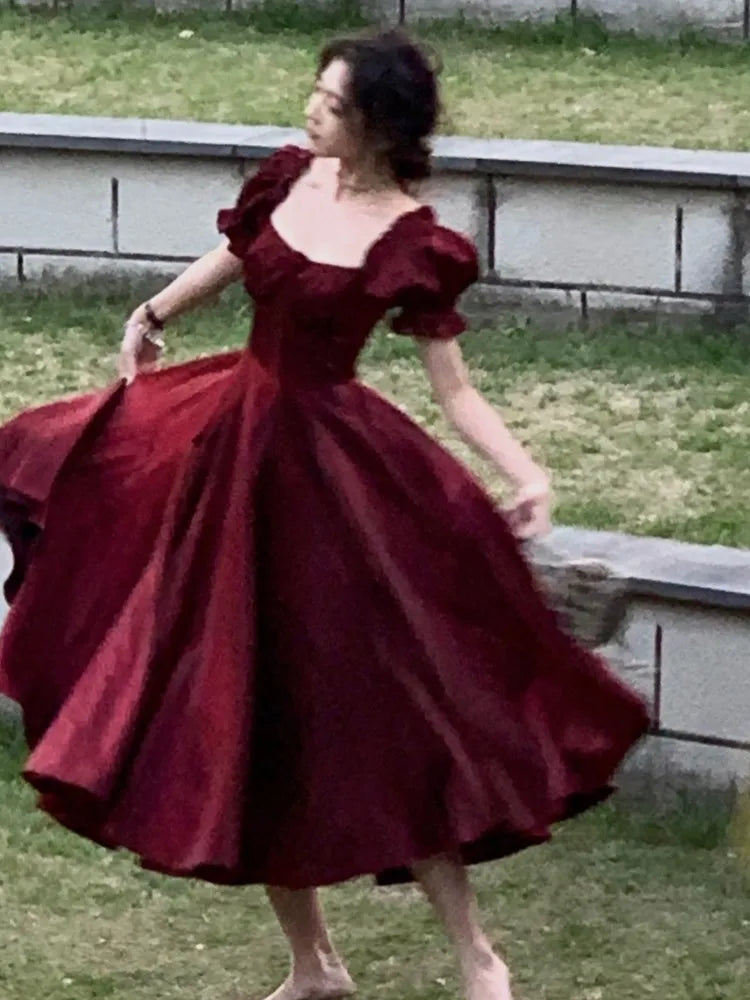 Vestido de fiesta de noche Vintage francés Borgoña para mujer, Vestidos elegantes románticos de verano 2023, Vestidos de graduación coreanos de corte a