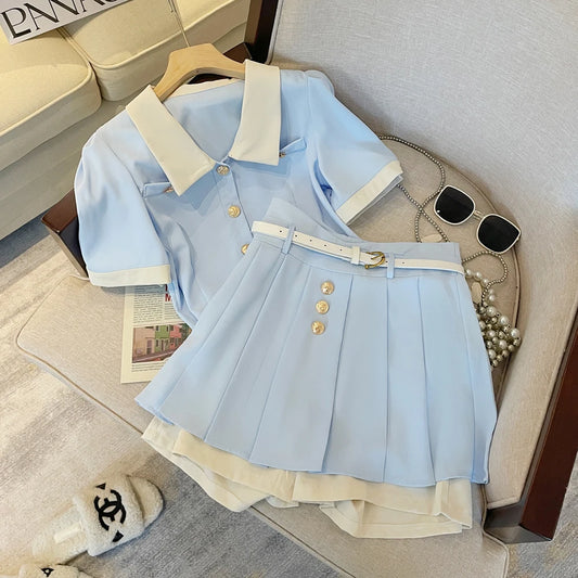 2023 New Women's Fashion blue Suit Split Shirt and Shorts skirt Summer Casual Ladies Office Workt Two-piece Suit Set clothing