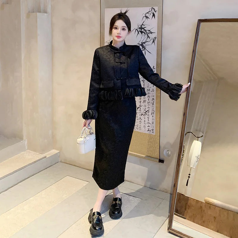 2024 Spring New Arrival Plus Size Women’s Clothing, New Chinese Style High-End Chic Top with Skirt Set for Women Female Girls