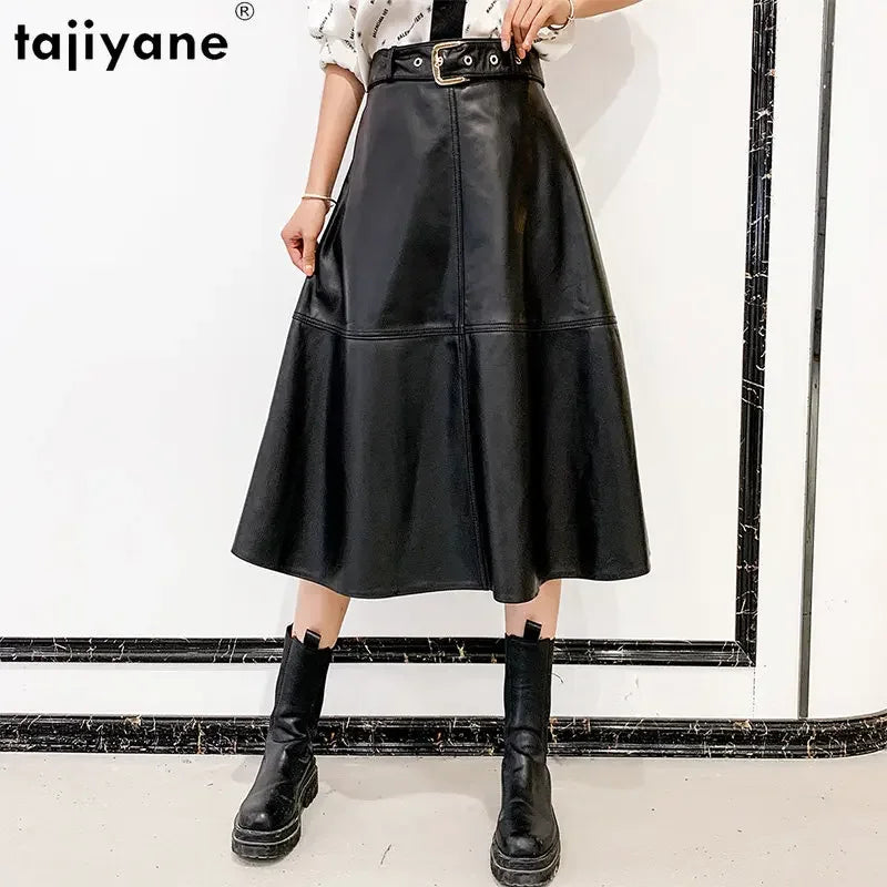 Tajiyane Genuine Leather Skirts for Women 2022 Korean Fashion High Waist Black Skirt Women Clothing A-line Leather Skirts Belt S