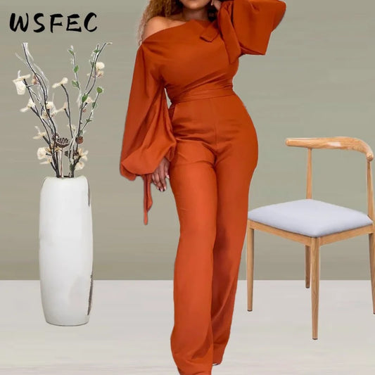 WSFEC S-3XL 2022 Winter Fall Outfits Evening Jumpsuits Women Clothing African Bubble Sleeve Diagonal Collar Wide Leg Bodysuit