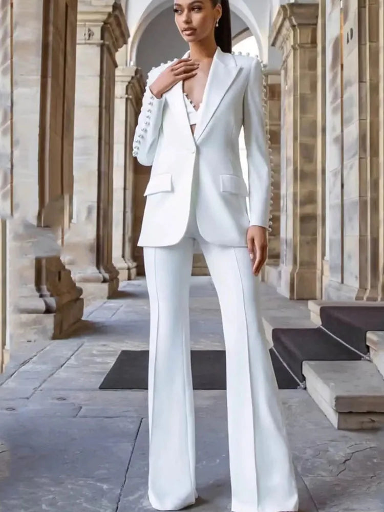 HIGH QUALITY New Fashion 2024 Designer Blazer Suit Set Women's Pearl Decoration Single Button Blazer Pants Suit