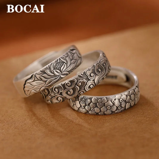 BOCAI Real S999 joyería de plata pura desgastada mate Retro nube propicia/ciruela/loto estilo chino anillo abierto para mujer