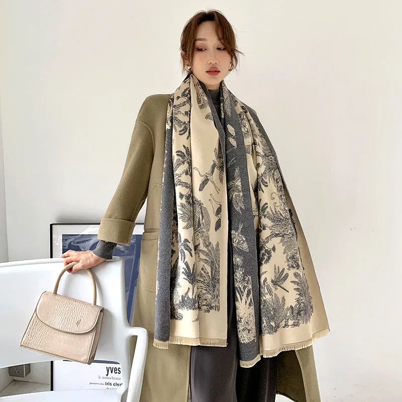 2023 Luxury Floral Print Scarf for Women Warmer Winter Cashmere Pashmina Scarves Shawls Female Thick Blanket Wraps Foulard