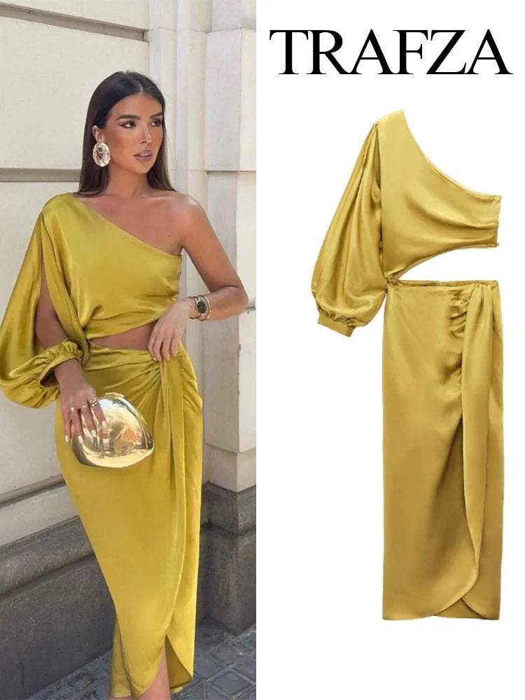 TRAFZA Dress For Women Yellow Asymmetric Satin Cut Out Long Dress Women Ruched Off Shoulder Elegant Dresses Evening Party Dresse