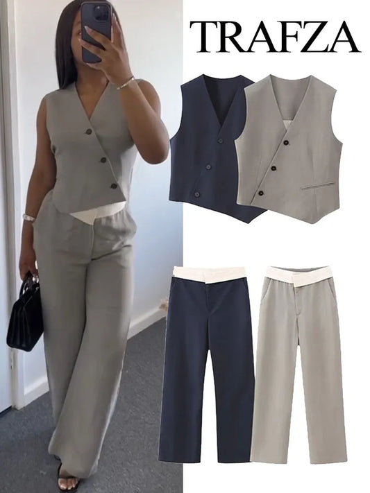 TRAFZA Autumn Women Solid Pants Suit Asymmetric Sleeveless Single Breasted Vest Tops+Casual High Waist Loose Tousers 2 Piece Set