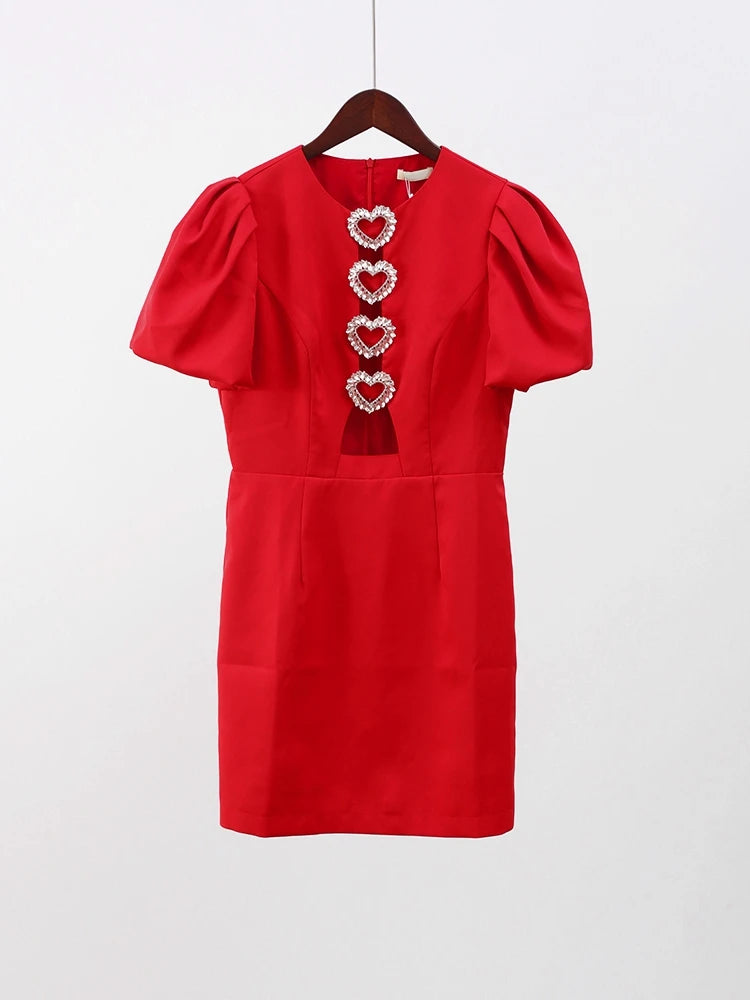 Minivestido rojo de amor de Metal para mujer, Vestidos sexys de manga corta abombada con agujeros, vestidos ajustados, vestidos elegantes de fiesta para mujer 2024