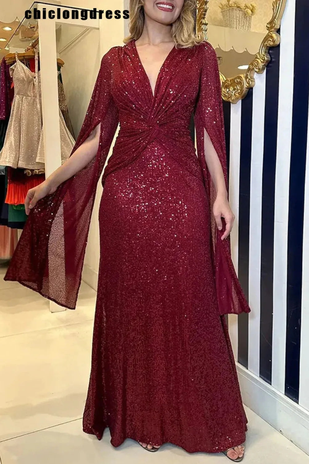 Robe de soirée à paillettes élégante, mode automne hiver, luxe, col en v, manches cape, Slim, robe de soirée en queue de poisson pour femmes