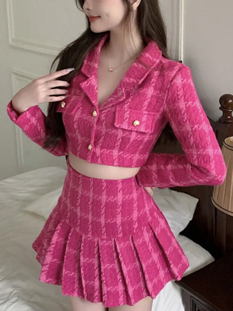 Fall Small Fragrance Vintage Tweed Two Piece Set Women Crop Top Woolen Short Jacket Coat + Mini Skirts Sets Sweet 2 Piece Suits