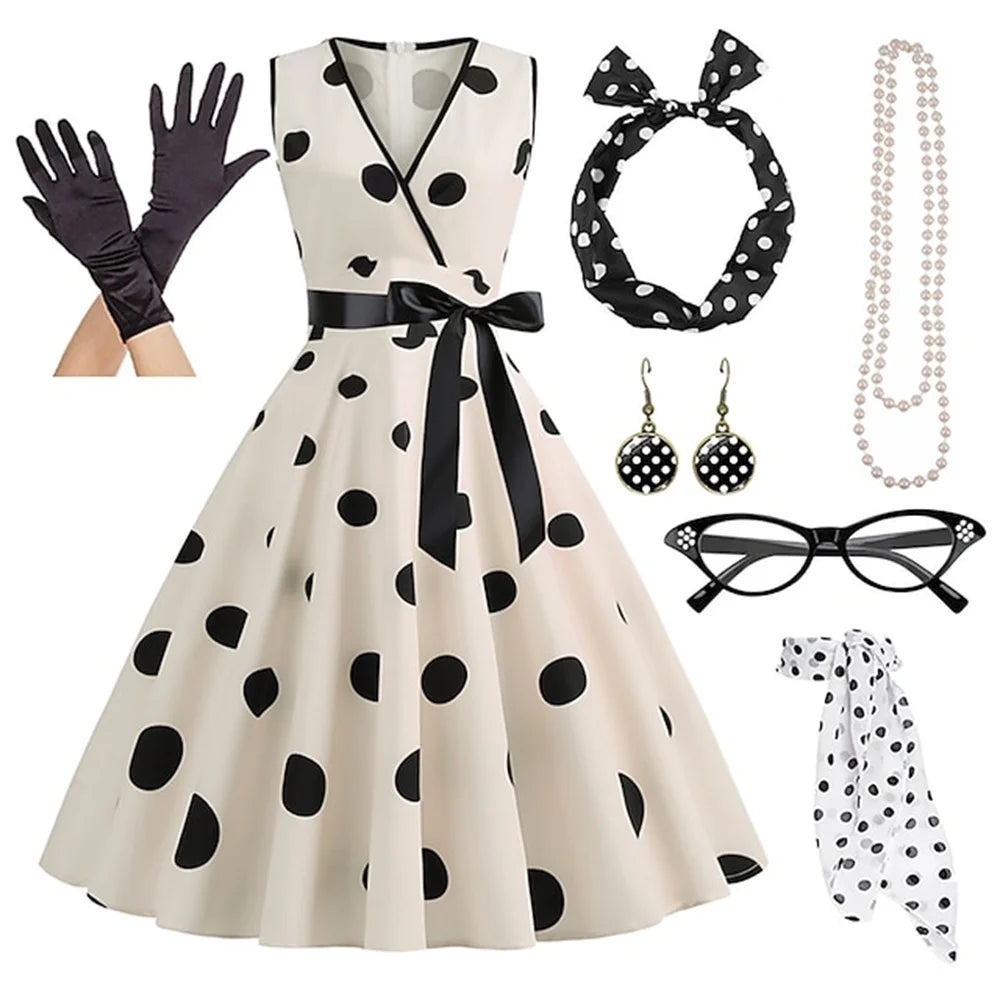 Robe Rockabilly pour femme, robe évasée à pois, avec ensemble d'accessoires, boucles d'oreilles, collier, bandeau, lunettes, gants