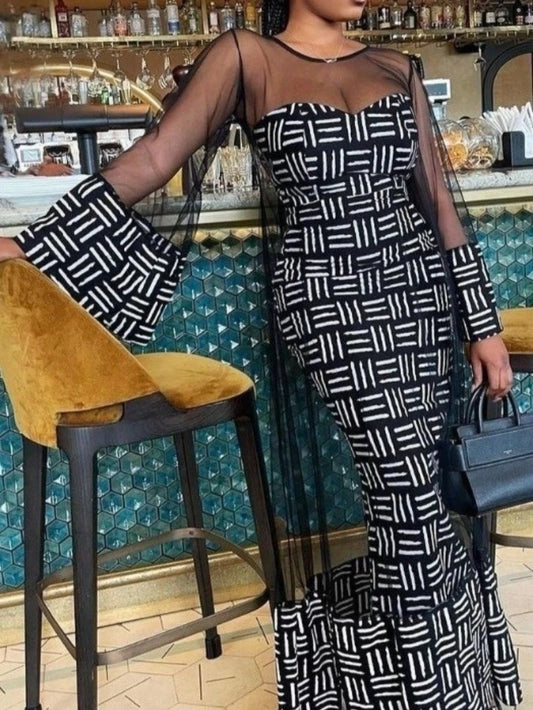 Conjunto de 2 piezas con estampado informal para mujer, traje de 2 piezas de malla transparente para primavera y verano, vestido de manga acampanada, traje ajustado sin tirantes