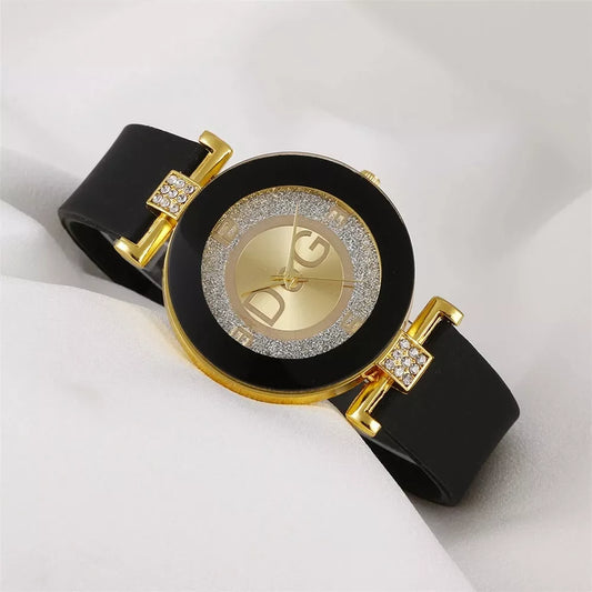 Relojes de cuarzo para mujer, correa de silicona, diseño sencillo de diamantes de imitación, reloj de pulsera informal para mujer, marca de lujo a la moda, negro DQG