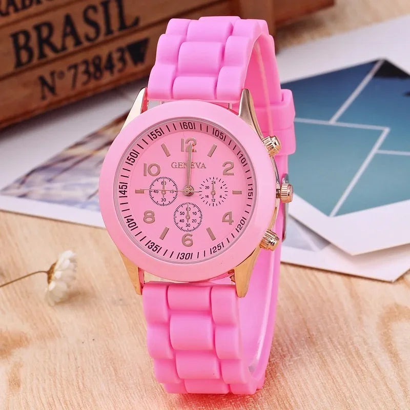 Reloj de pulsera de cuarzo de silicona para hombre y mujer, reloj de pulsera de cuarzo de silicona de marca famosa Geneva, venta al por mayor, reloj femenino