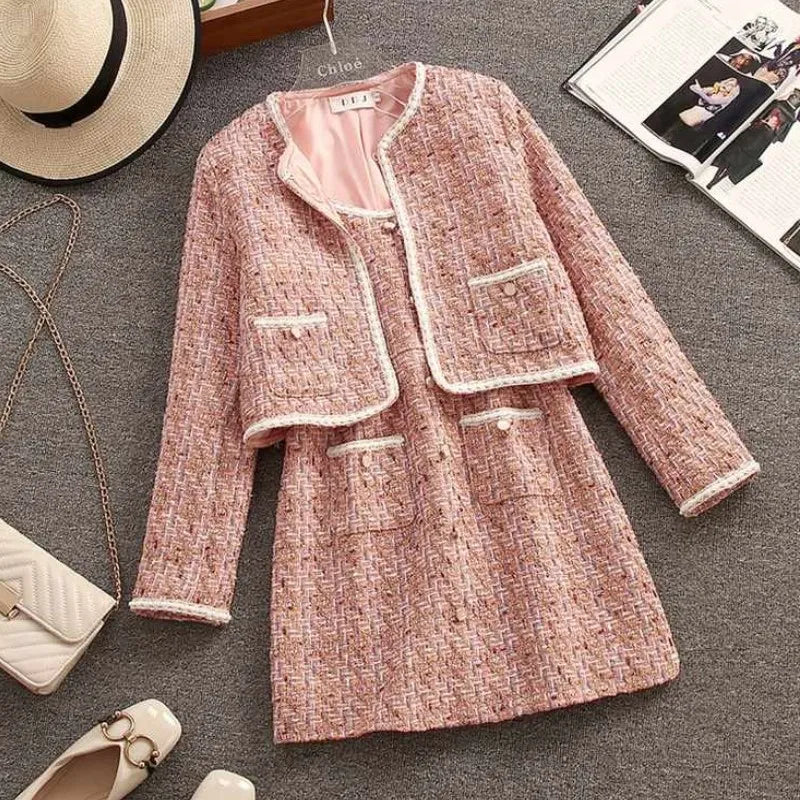 Women Vintage Elegant Formal Party Suit Jacket Coat And Strap Dress Two Piece Set Outfit Winter Jacquard Fragrant Clothing 2023