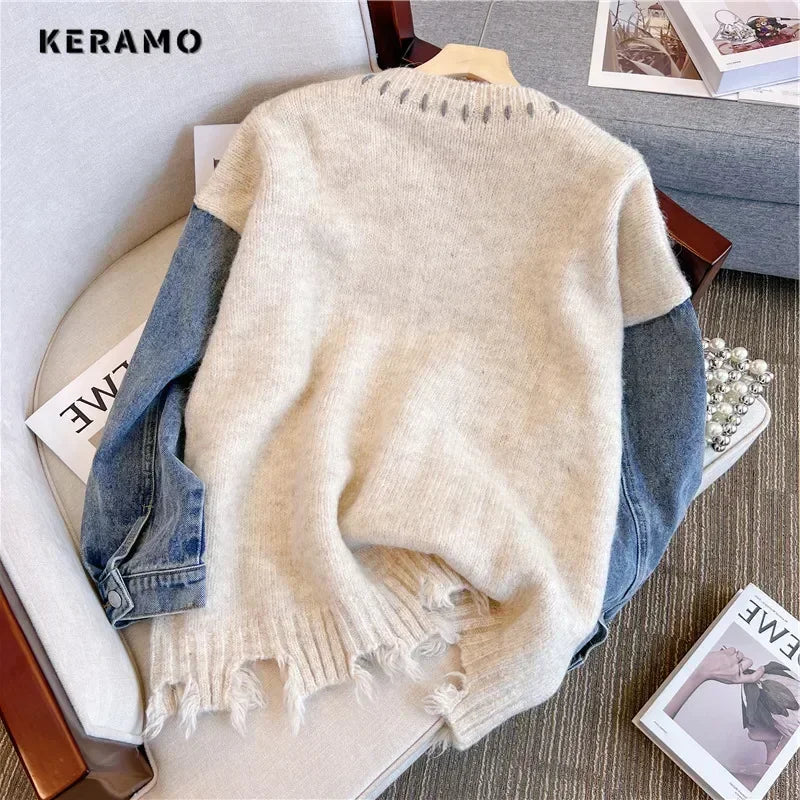 Women's Vintage Y2K Knitting Long Sleeve Casual Pullovers 2023 Autumn Winter Fashion Round Neck Patchwork Denim Sweater Top