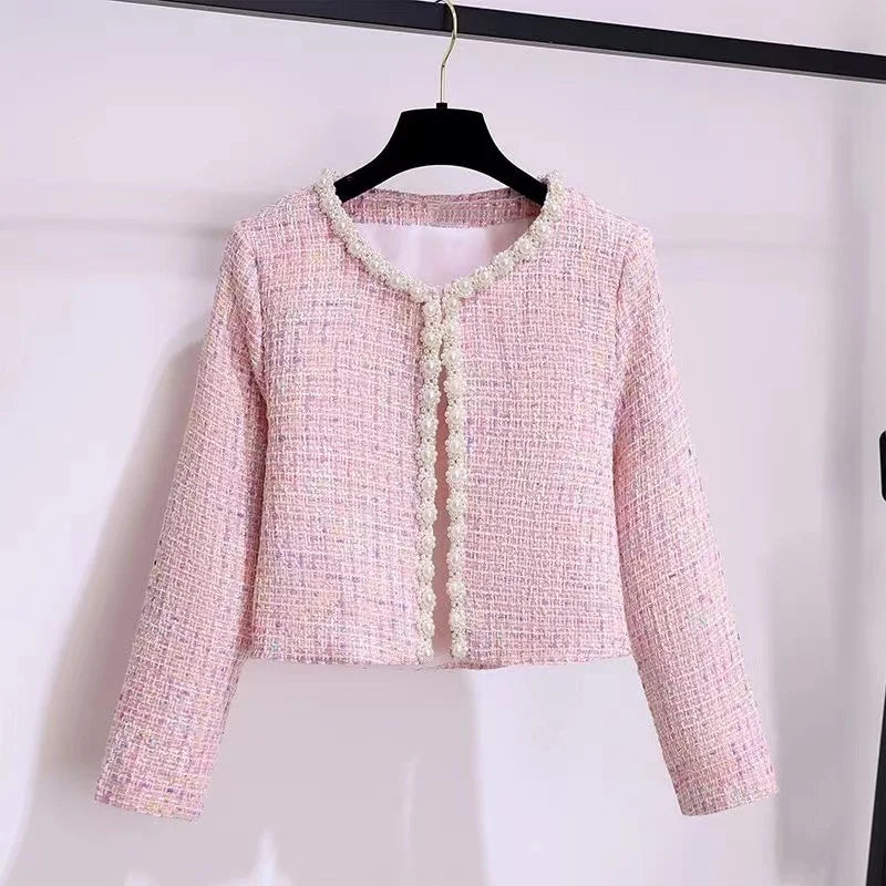 Women Tweed Y2K Pink Suit Pearl Jacke Coat Shirt And Skirt Three Piece Set Outfit Winter Vintage Chic Elegant Party Clothing