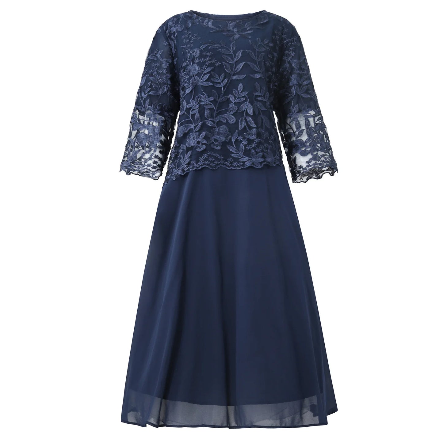 2023 Navy blue Night Party Elegant Dresses 5XL Summer 3/4 Sleeve O-Neck Lace Embroidery Patchwork Chiffon A-Line Midi Dress