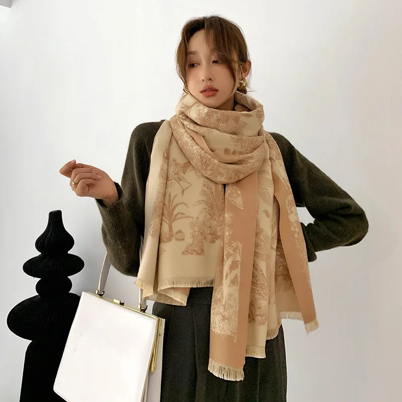 2023 Luxury Floral Print Scarf for Women Warmer Winter Cashmere Pashmina Scarves Shawls Female Thick Blanket Wraps Foulard