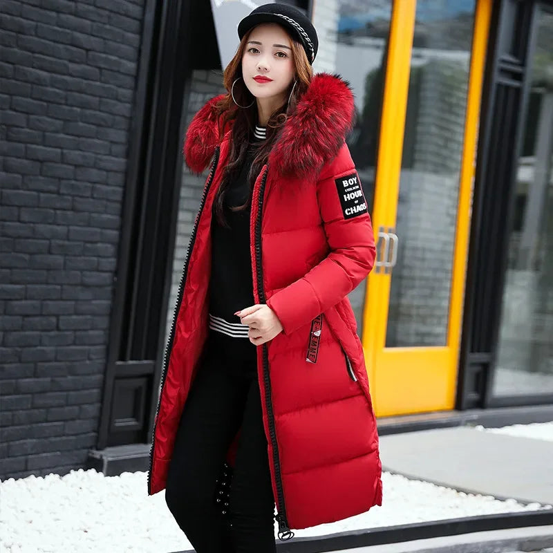 2024 Women's Down Parkas Winter Jacket Big Fur Collar Thick Slim Coat Fashion Hooded Cotton Outerwear Long Winter Woman Coat