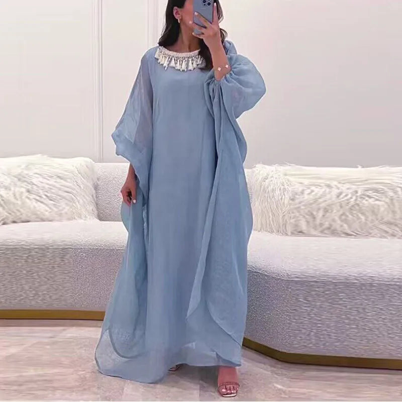 Ethnic Vintage Solid Tassel Cotton Linen Dress Women 2023 Spring O Neck Loose Long Maxi Dress Summer Lantern Sleeve Boho Dresses