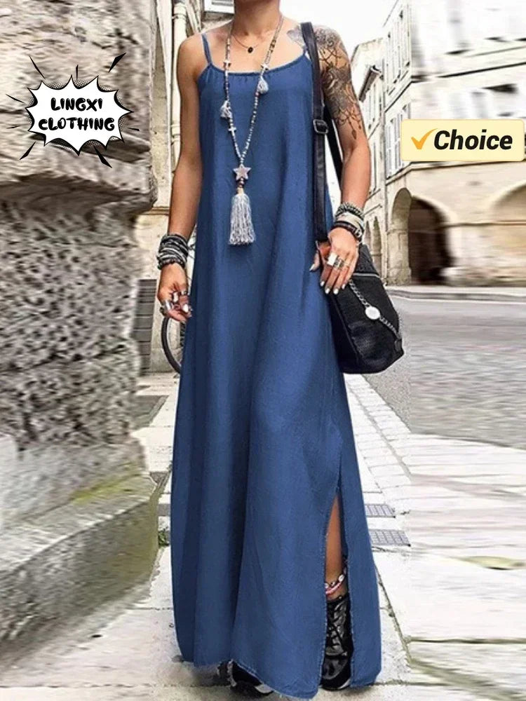 2024 Summer New Women's Elegant Dress Loose Strap Sexy Solid Split Plus Size Denim Dress Long Dress Plus Size Women Clothing