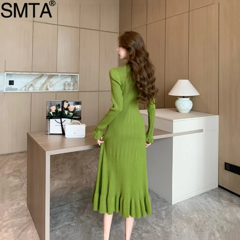 French Fashion Green Knitted Midi Dress for Women V-Neck Single Breasted Ruffles Slim Sweater Party Dress Autumn Winter 2024 New