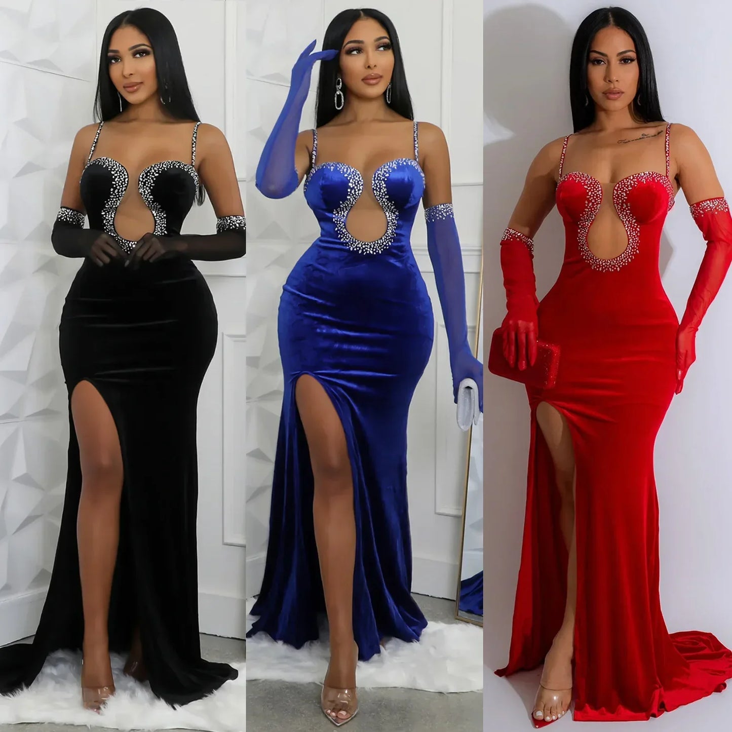 Autumn Sexy Diamond Evening Dress Women Fashion Nightclub Style Hollow Out Bra Split Long Party Dress Women no glove