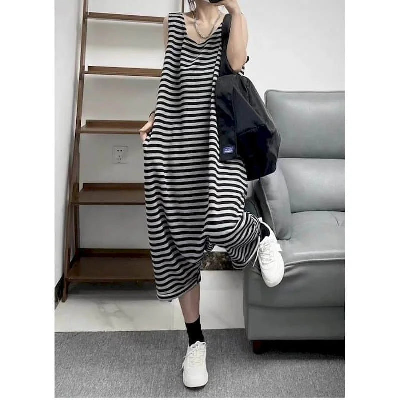 Striped Jumpsuits for Women Summer Sleeveless Oversized One Piece Outfits Women Loose Korean Style Casual High Waist Cross-Pants