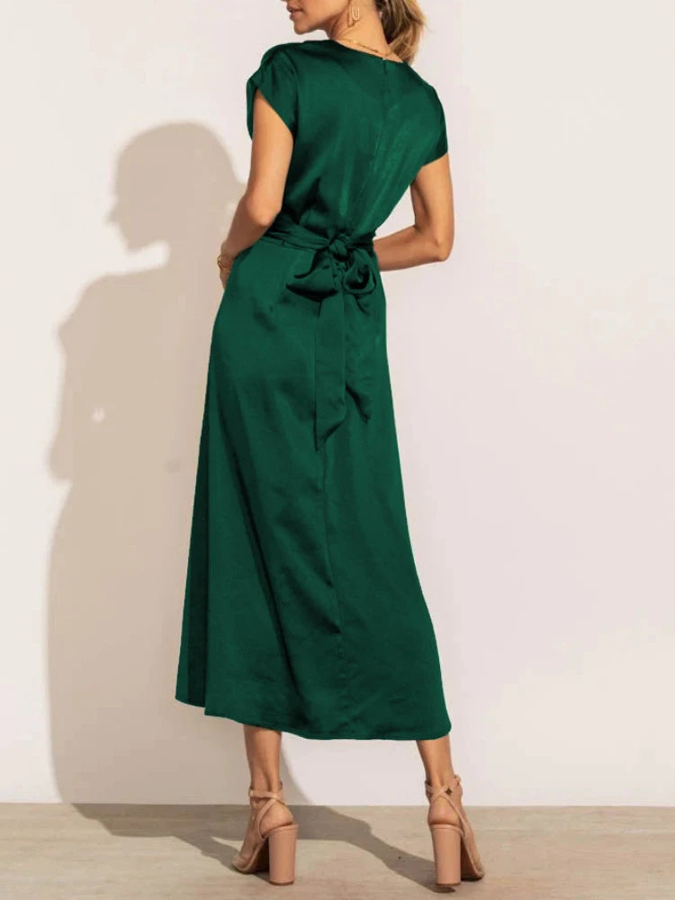 Summer Women's Dress Elegant Satin Silk Green Office Ladies Lace-up Midi Dress Chic Evening Party Dresses for Women 2024 New