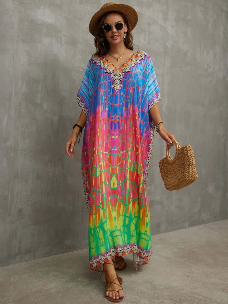 Gradient Multicolor Printed Sexy V Neck Long Dress Plus Size For Women 2023 Casual Summer Vacation Beach Wear Maxi Dresses Q1464