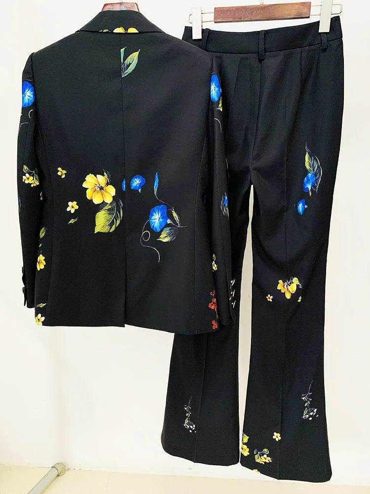 Costume de styliste pour femmes, ensemble 2 pièces, Blazer imprimé Floral, bouton unique, pantalon évasé, de haute qualité, nouvelle collection 2024