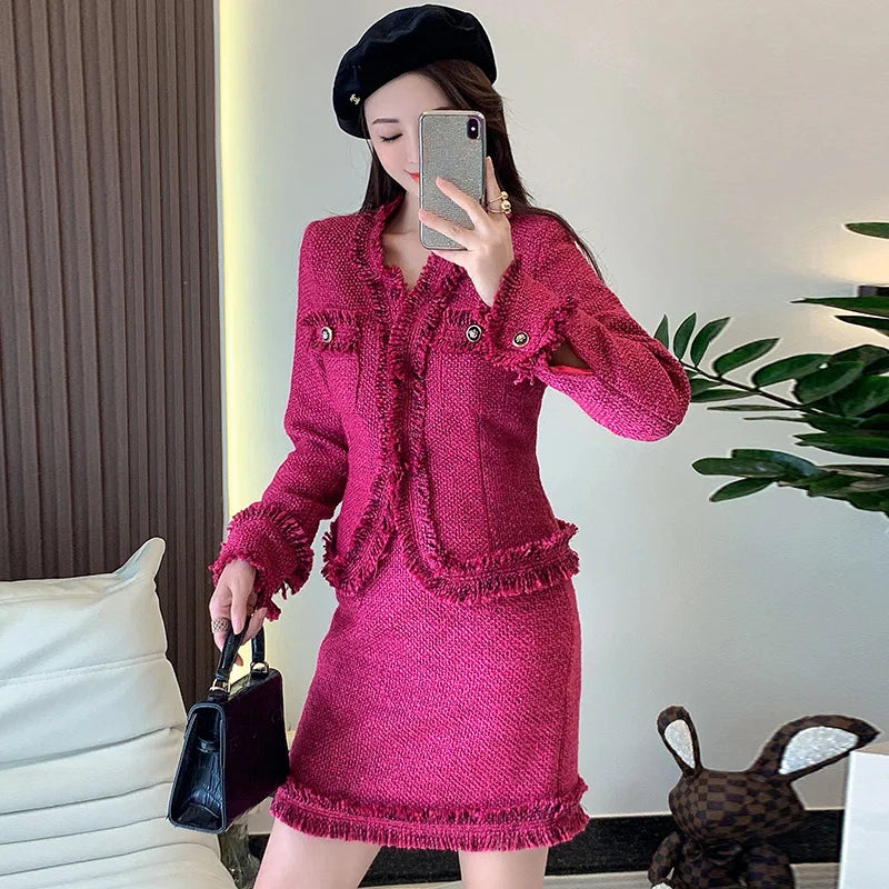 Women Vintage Elegant Tassel Prom Party Suit Jacket Coat And Skirt Two Piece Set Y2K Outfit 2023 Winter Jacquard Tweed Clothing