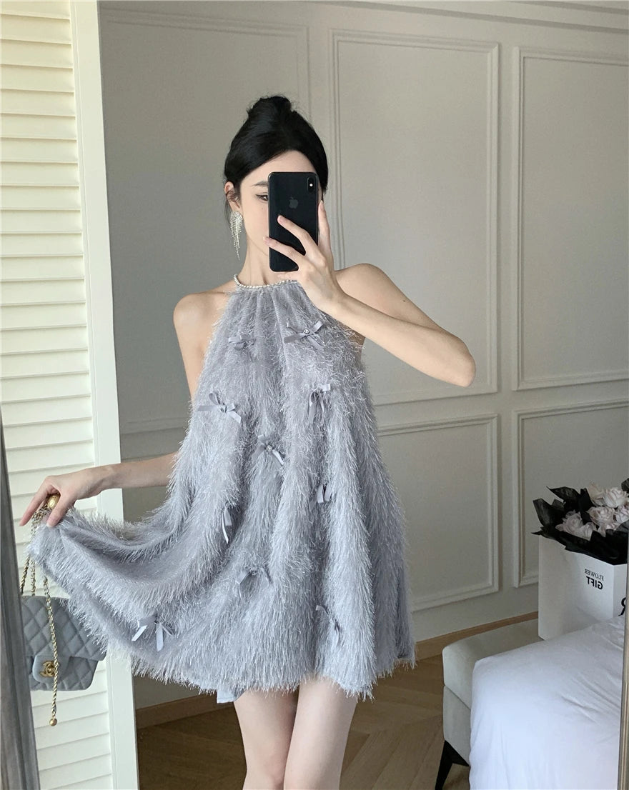 Elegant Women Halter Feather Bow Beaded Dress French Temperament Sleeveless Loose A-line Mini Dresses Fashion Party