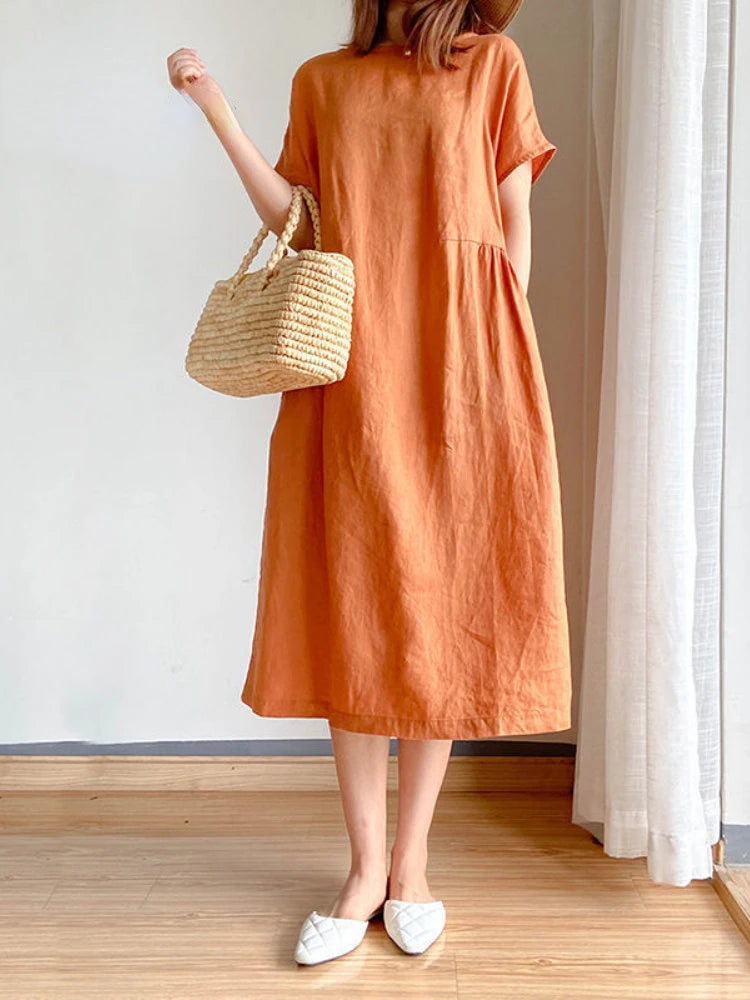 Summer Women Dress Casual Loose Short Sleeve A-LINE Oversize Solid Midi Dress Cotton Linen Dresses for Women Vestidos De Mujer