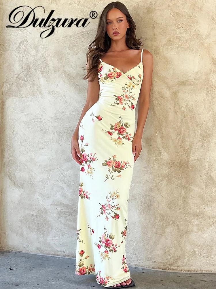 Dulzura Sexy Y2K Clothes Floral Print Sleeveless Backless Bodycon Maxi Dresses For Women 2023 Club Birthday Party Elegant Outfit