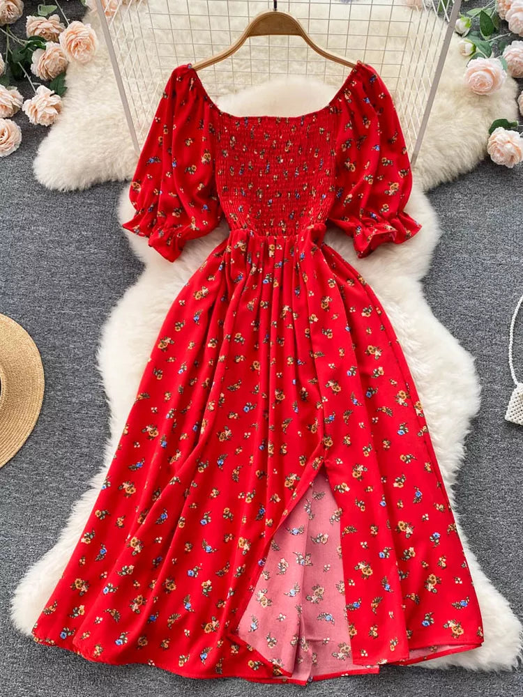 YuooMuoo – robe longue fendue à imprimé Floral pour femmes, mode romantique, manches bouffantes, tenue de soirée coréenne, livraison rapide, été