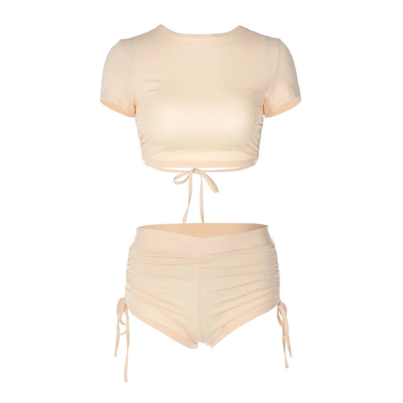 008 manches courtes couleur unie cordon Shorts deux pièces ensembles femmes tenues d'été